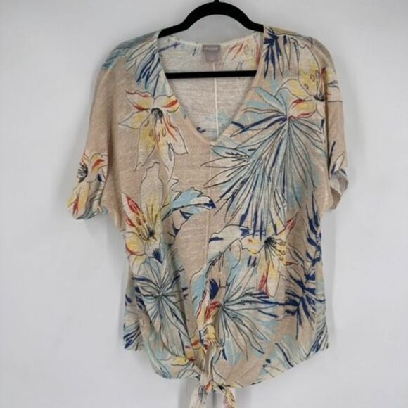Chico's Women's Linen Blend Tropical Print Tie Front V-Neck Top Tan Blue Sz 3 XL - Picture 5 of 8